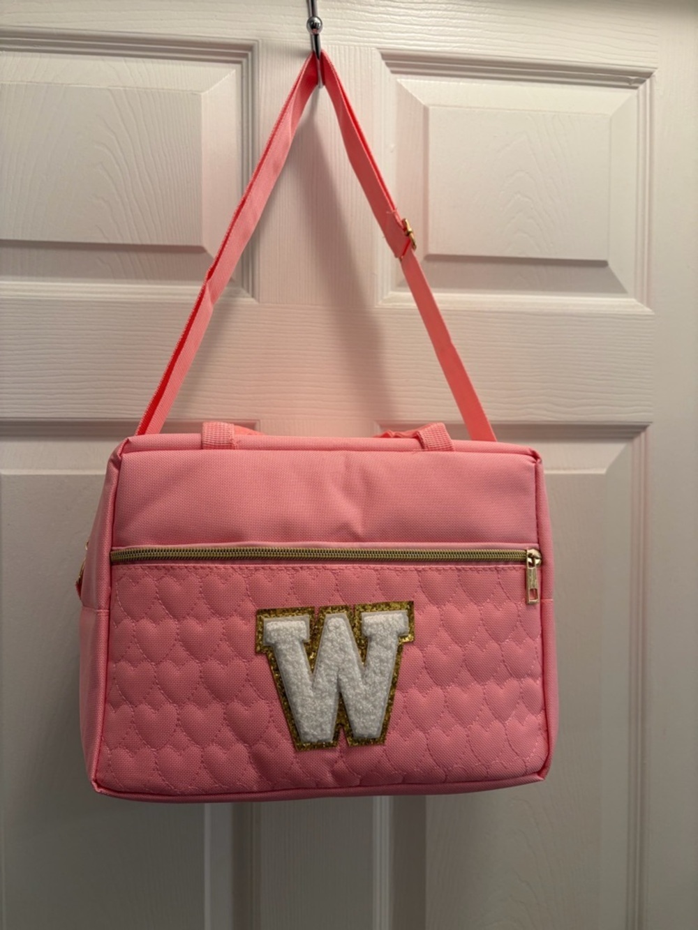 Pink Insulated Quilted Tote | Varsity “W” Patch | Lunch Cooler or Travel Bag